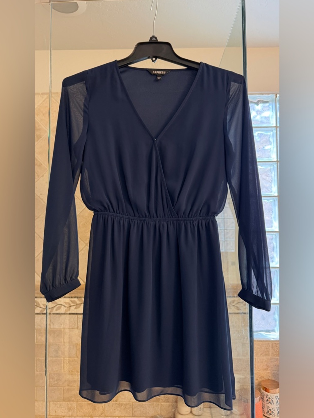 Express Navy Long Sleeve V-Neck Chiffon Dress